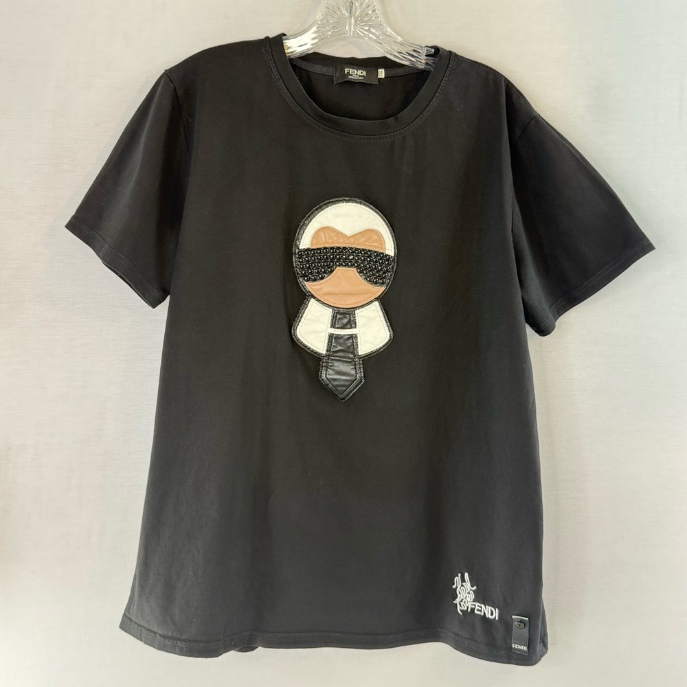 Fendi Black "Karl Loves Fendi" Short Sleeve Studded Graphic Print T-Shirt
